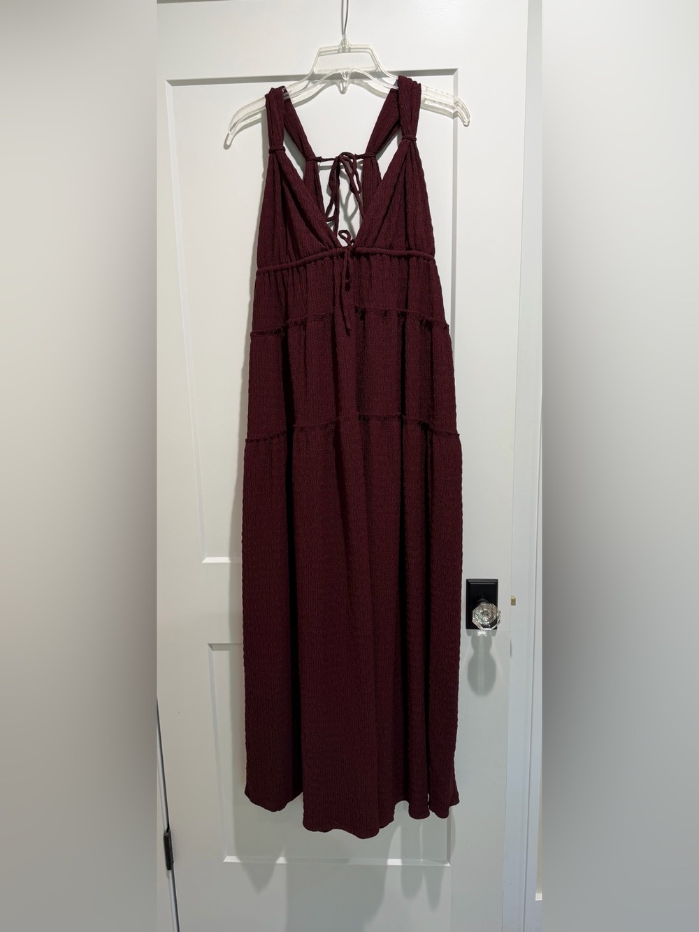 Free People Burgundy Tiered Maxi Dress with Lace-Up Back Size Medium